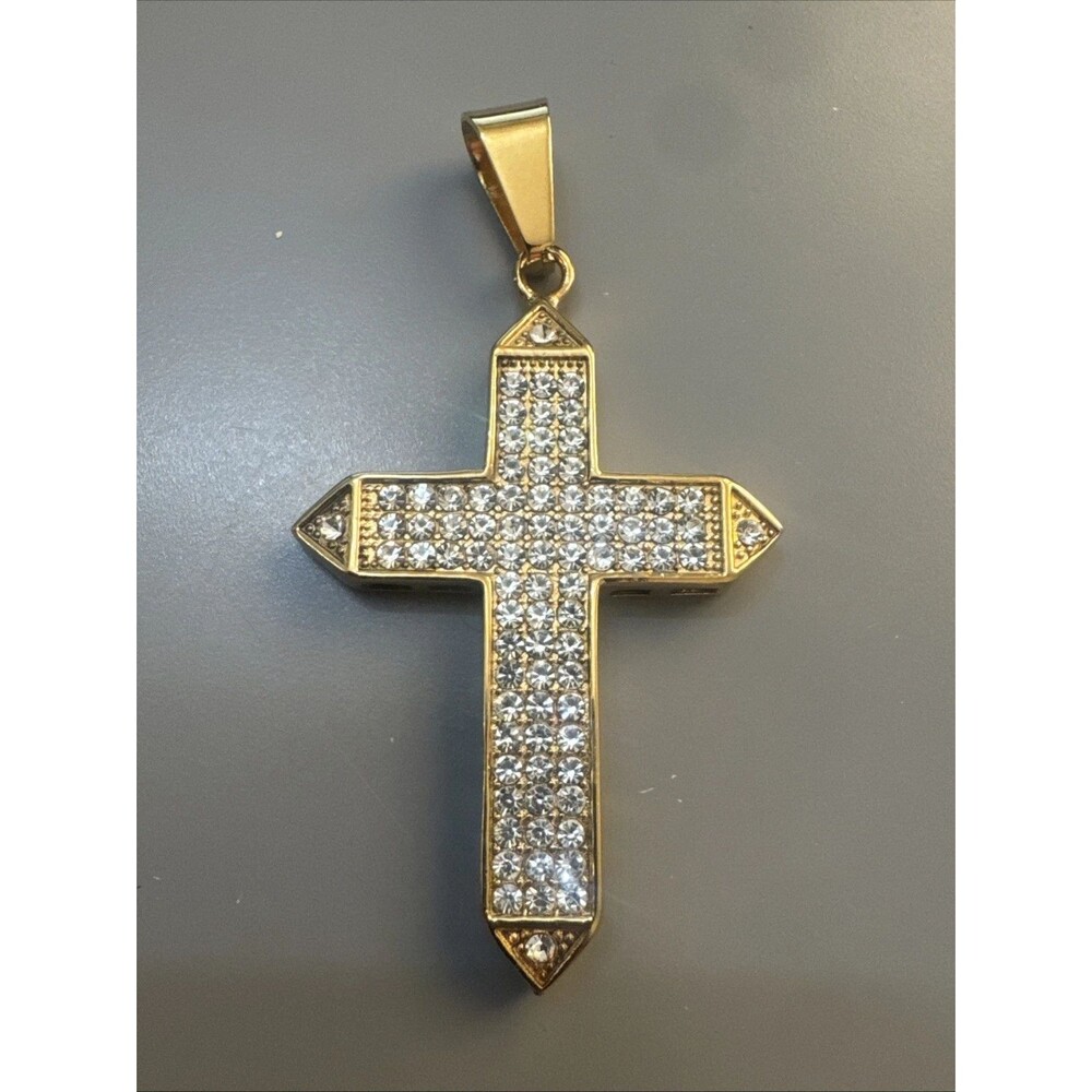 Cross Pendant Cubic Zirconia Iced Out 24” Chain Gold Plated Religious Faith Gift